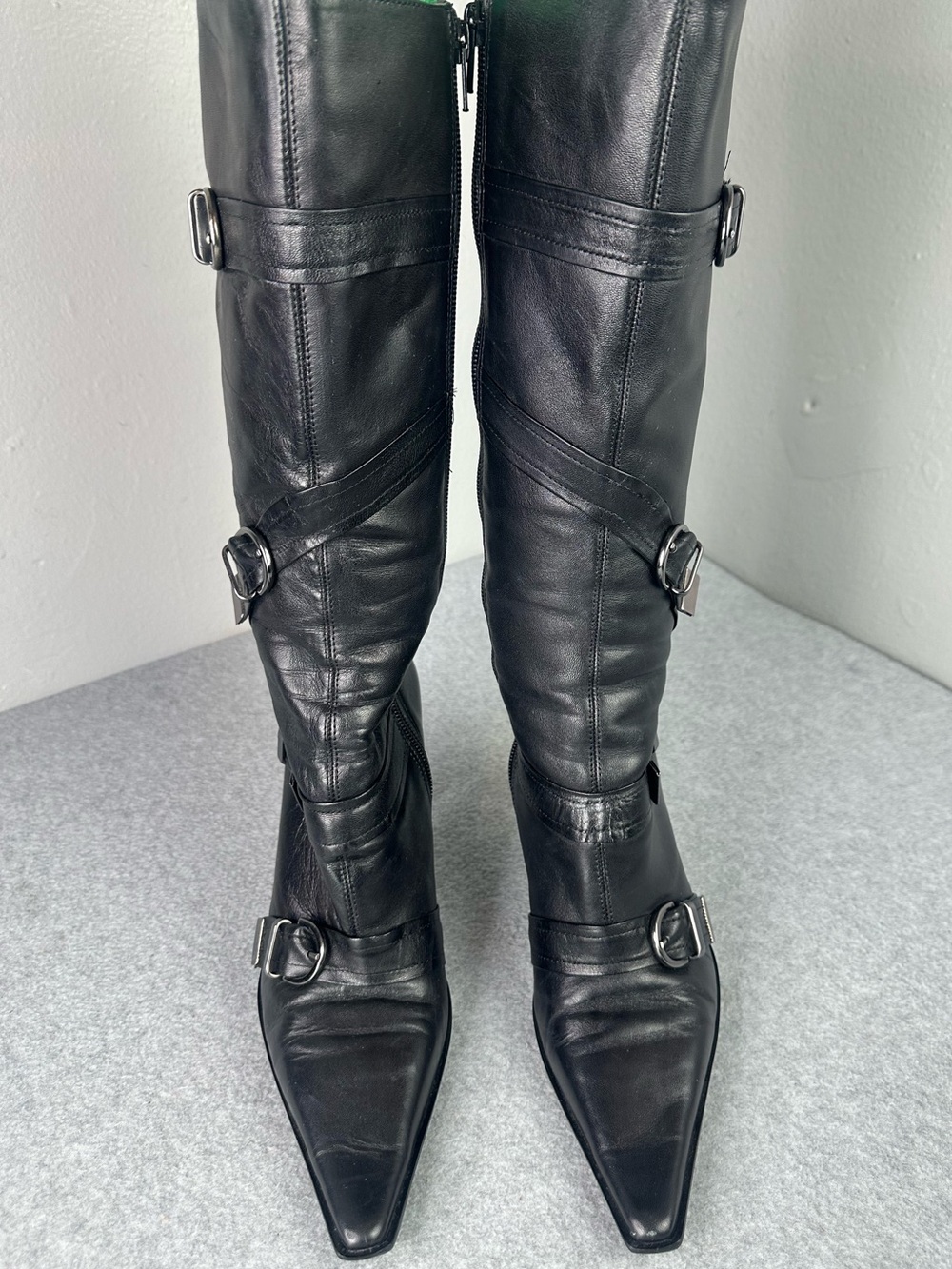 GUESS by Marciano Vintage Y2K Black Leather Buckle Pointed Toe Stiletto Boots 7M - Picture 3 of 14
